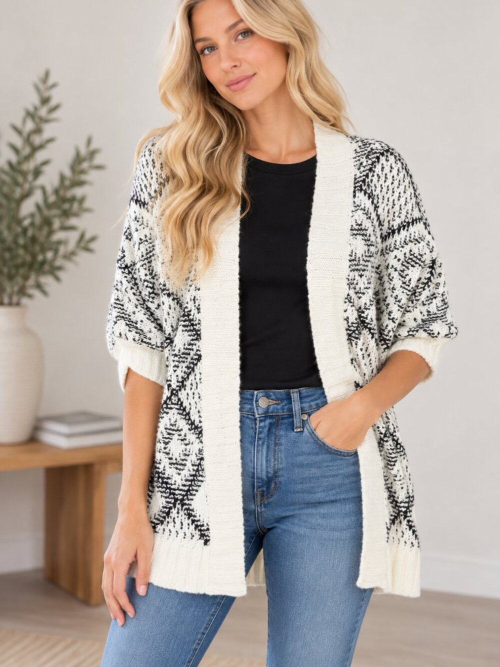 305. Geometric Float Stitch Boyfriend Cardigan